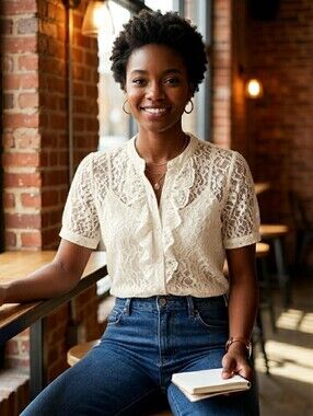 Vintage Newport News Off White Lace Ruffle Top 14W